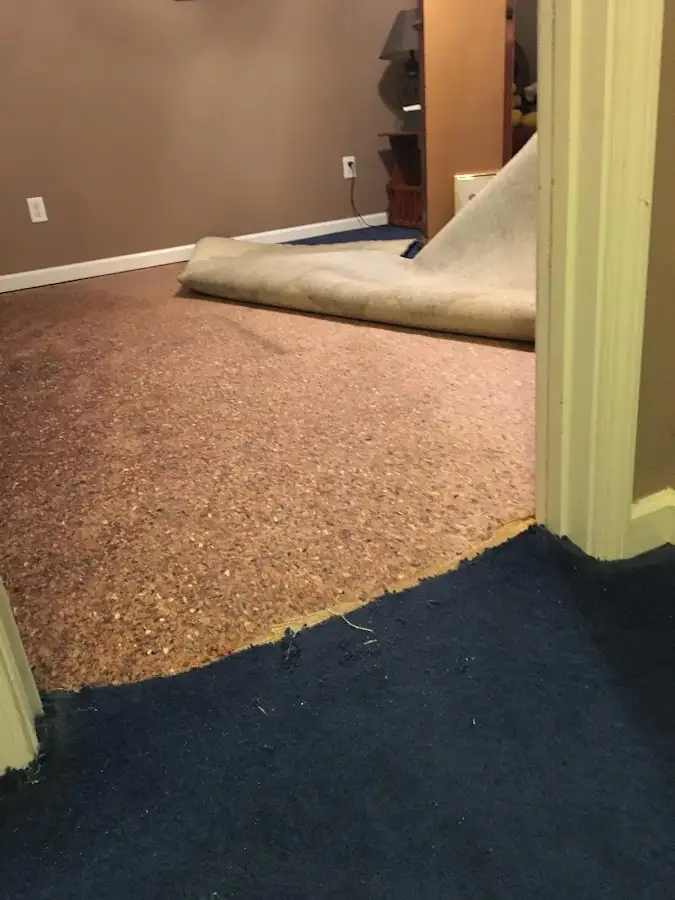 Carpet pad removal revealing water damage during Drying & Dehumidification in Hurley